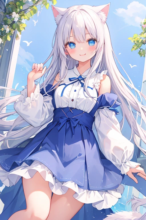 beautiful illustrations, highest quality, pretty girl,beautiful girl、clear face、 half girl、pastel colour 、smile、blush、にこやかなsmile、thighs、perfect hands、five fingers、Cat ear、white hair、blue eyeaid clothes