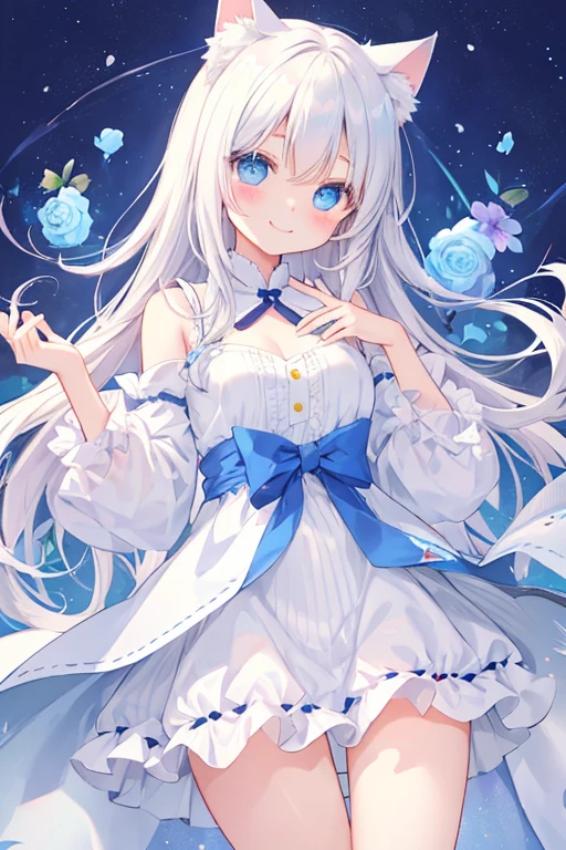 beautiful illustrations, highest quality, pretty girl,beautiful girl、clear face、 half girl、pastel colour 、smile、blush、にこやかなsmile、thighs、perfect hands、five fingers、Cat ear、white hair、blue eyeaid clothes