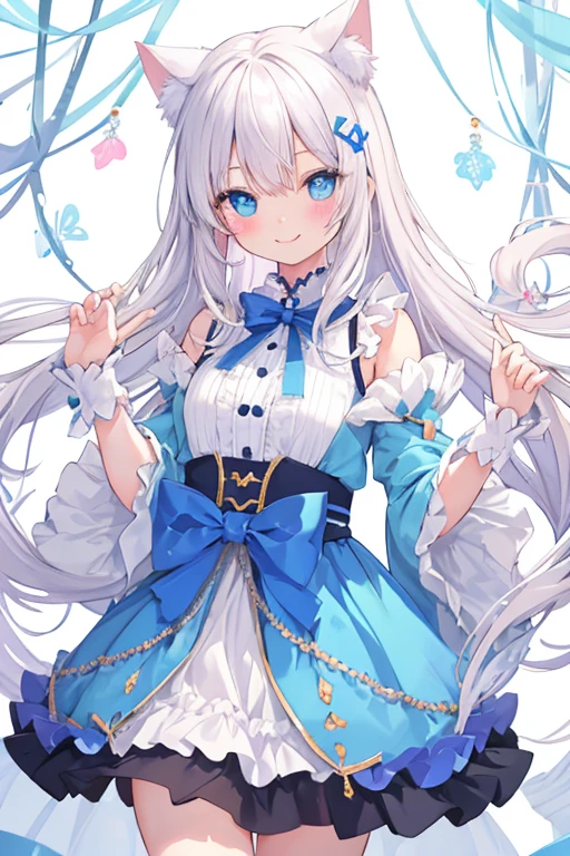 beautiful illustrations, highest quality, pretty girl,beautiful girl、clear face、 half girl、pastel colour 、smile、blush、にこやかなsmile、thighs、perfect hands、five fingers、Cat ear、white hair、blue eyeaid clothes