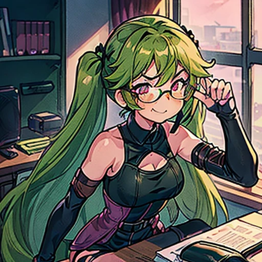 ((High quality)), ((Best quality)), ((Detail)), ((Expressive eyes)), (Anime girl), (Long, green hair), (long pigtails), (Pink eyes), (Tan skin), (Black, leather, cami dress), (glasses), (freckles), (Black thigh-high boots), (Sitting on a brown desk in a office, smirking at the camera and sucking on a lollipop)