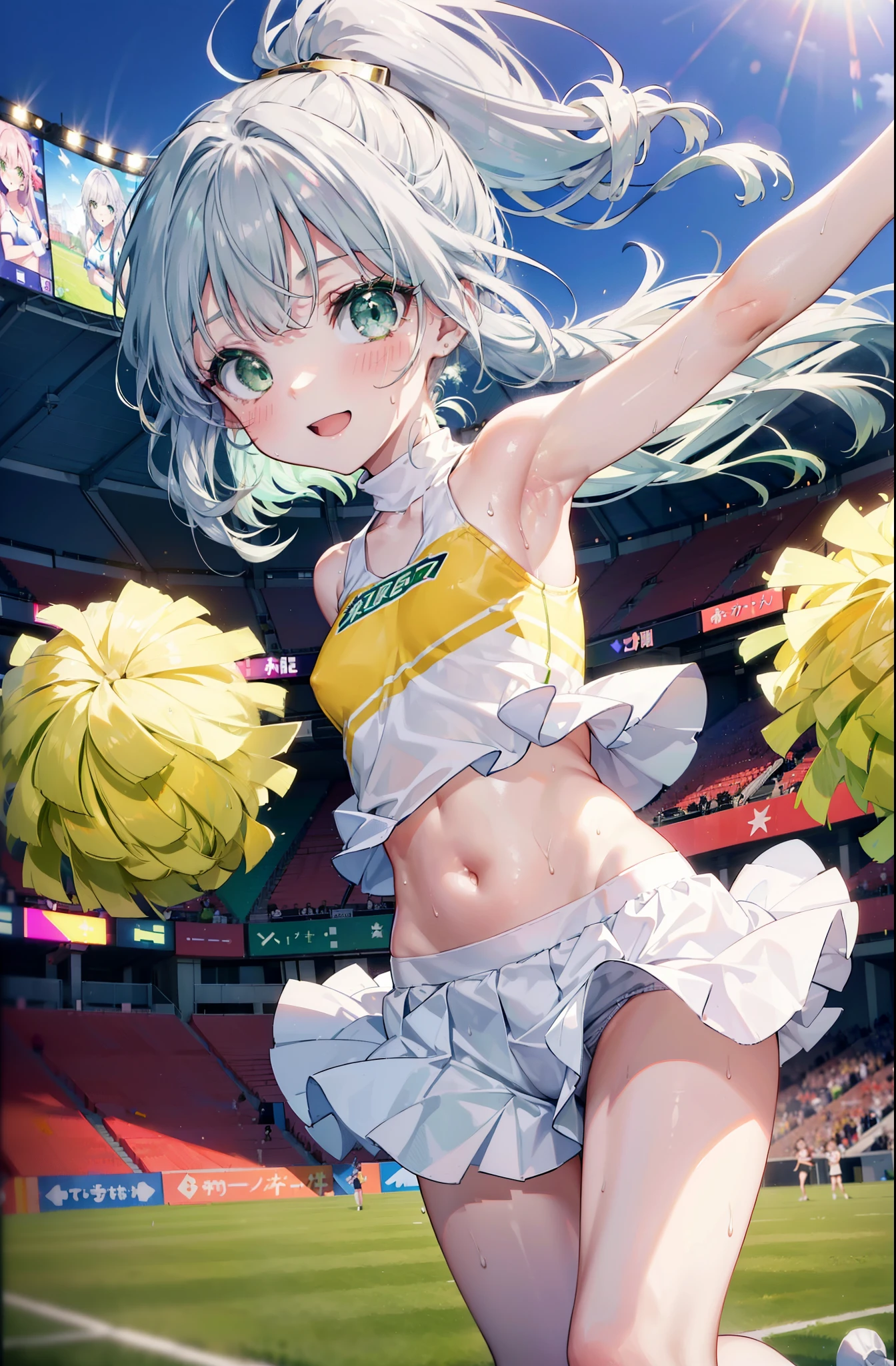 index, index, (green eyes:1.5), silver hair, long hair, (flat chest:1.2),smile,blush,open your mouth,ponytail,(Cheerleader), (whole body), lower, (sweaty), sweaty Wet Clothes, (white clothes), , Belly button support, playground, (jump), (jump), 足を曲げてjumpする, air, blue sky, Grass原, smile,Cheerleader, pom pom \(Cheerleader\), Grass, smile, 
break looking at viewer, Upper body, whole body,
break indoors, stadium,
break (masterpiece:1.2), highest quality, High resolution, unity 8k wallpaper, (shape:0.8), (fine and beautiful eyes:1.6), highly detailed face, perfect lighting, Very detailed CG, (perfect hands, perfect anatomy),