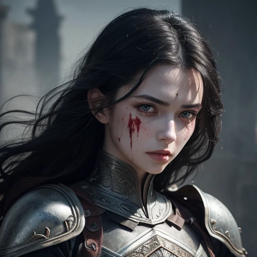(((full medium shot))), (Masterpiece, photorealistic, photorealism, best quality, ultra-detailed:1.3), (nice hands, perfect hands), official art, cinematic light, (1girl:1.3), adult, beautiful Warrior Snow White with wavy black hair, by Greg Rutkowski, Intricately Designed Handsome dirty bloody face, Realistic beautiful brown eyes, Atrractive 21 years old woman, clad in intricate iron armor, blood-smeared, dark fantasy elements, Standing in the middle of a bloody battle on the battlefield, in a fighting pose, bloody carnage, full body, holding a sword, Intricately Designed iron armor, Beautifful Warrior Snow White with wavy black hair, realistic dirty and bloody face, realistic beautiful brown eyes, defiant and seductive, covered in dirt and blood, aesthetics dark fantasy