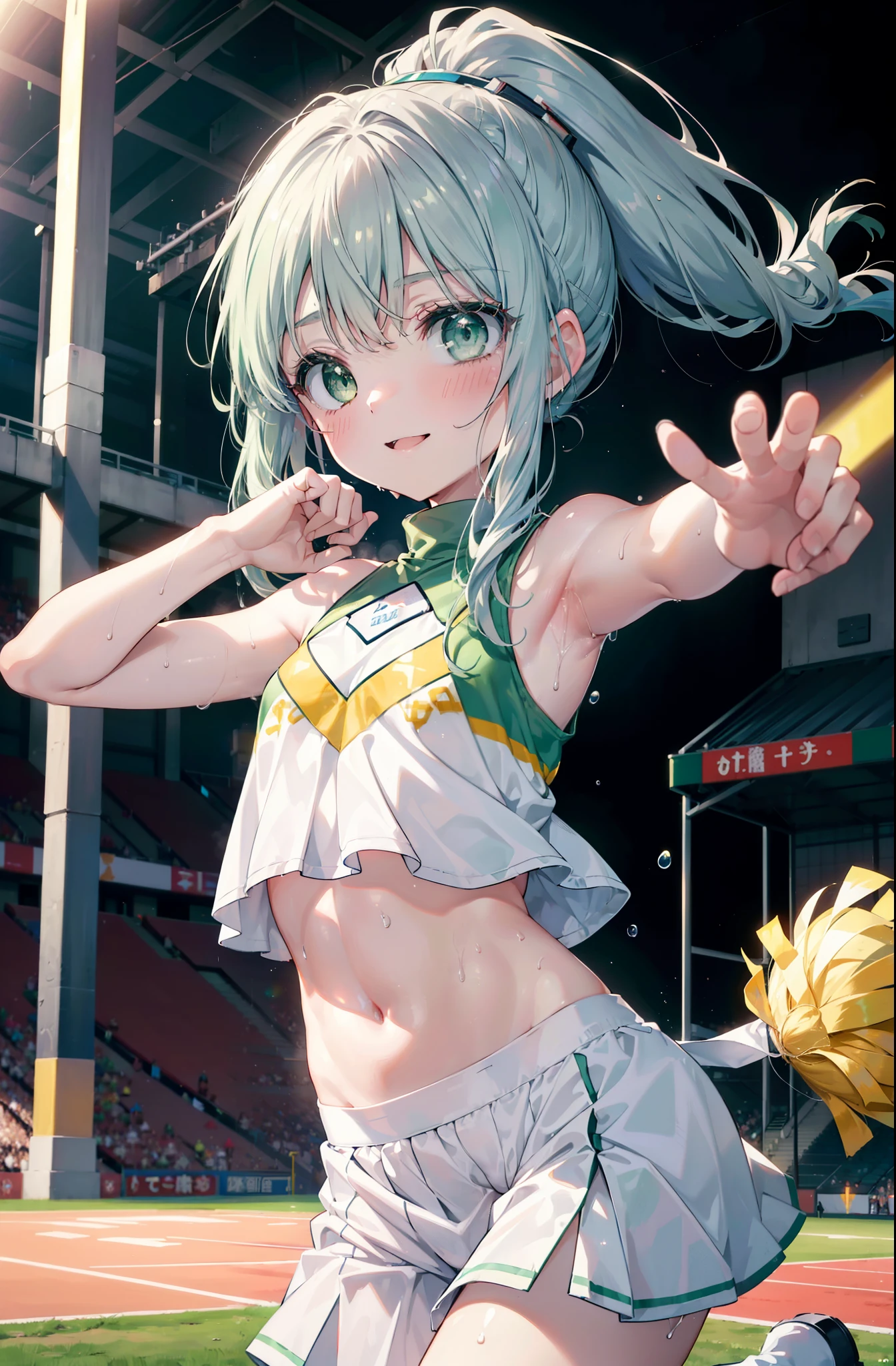 index, index, (green eyes:1.5), silver hair, long hair, (flat chest:1.2),smile,blush,open your mouth,ponytail,(Cheerleader), (whole body), lower, (sweaty), sweaty Wet Clothes, (white clothes), , Belly button support, playground, (jump), (jump), 足を曲げてjumpする, air, blue sky, Grass原, smile,Cheerleader, pom pom \(Cheerleader\), Grass, smile, 
break looking at viewer, Upper body, whole body,
break indoors, stadium,
break (masterpiece:1.2), highest quality, High resolution, unity 8k wallpaper, (shape:0.8), (fine and beautiful eyes:1.6), highly detailed face, perfect lighting, Very detailed CG, (perfect hands, perfect anatomy),