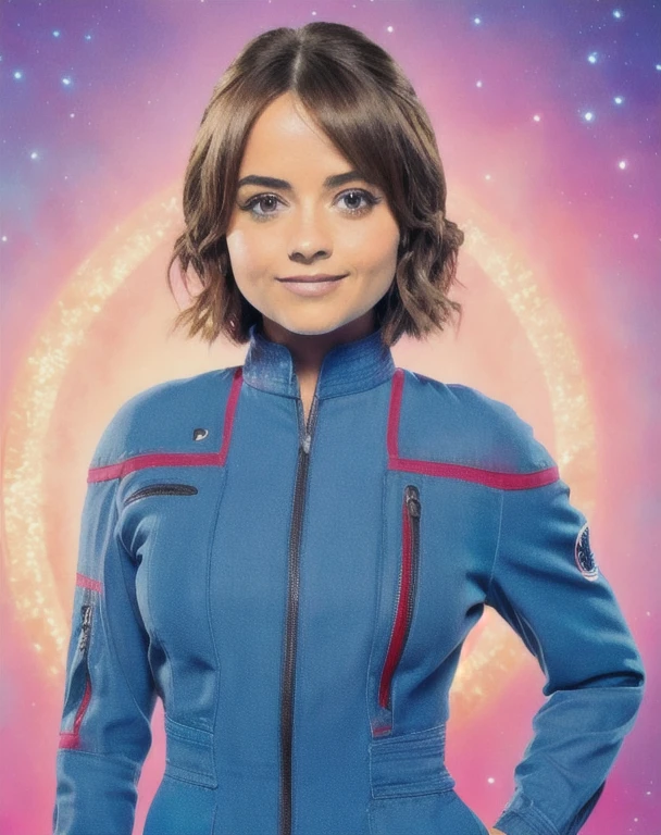 Jenna Coleman, smile, portrait, wearing enterpriseuniform, female fit, blue jumpsuit, red piping on shoulders, left sleeve patch, Teal nature background, anime,