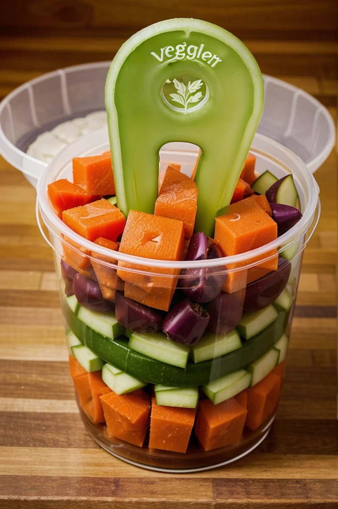 can you create an image showing the product named "vegelly" we're the product are made of vegetables flavored jellies using carrots, eggplants, cucumber and tomatoes. They're are jellies made of vegetables, put them in a cute container, add vegelly name on the image together with it's cute packaging.