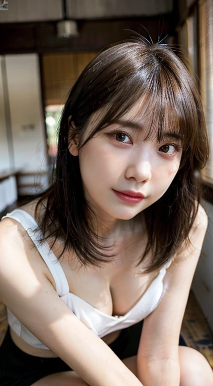 ((highest quality, 8K, Raw photo, masterpiece :1.3)), (realistic、Photoreal:1.37)、ultra high resolution, (professional lighting), 1 girl, alone,  Beautiful and dense face, shining eyes, brown eyes, double eyelid,eyelash,toned body shape,C cup, Fine and beautiful skin, skin texture,A woman is sitting in front of me with her knees on the floor..、look up at the camera、Reach out and grab the camera、The mouth is open and、、He has a troubled expression on his face..、 Japanese-style house、tatami,Japanese style room, Light of the sun, (NSFW,kneel down:1.3, arrival:1.3, open your mouth:1.3, shy), (brunette bob, brown hair), (clothing: white tank top, No bra,white hot pants ), (Floor seen from above:1.5) ,freckles