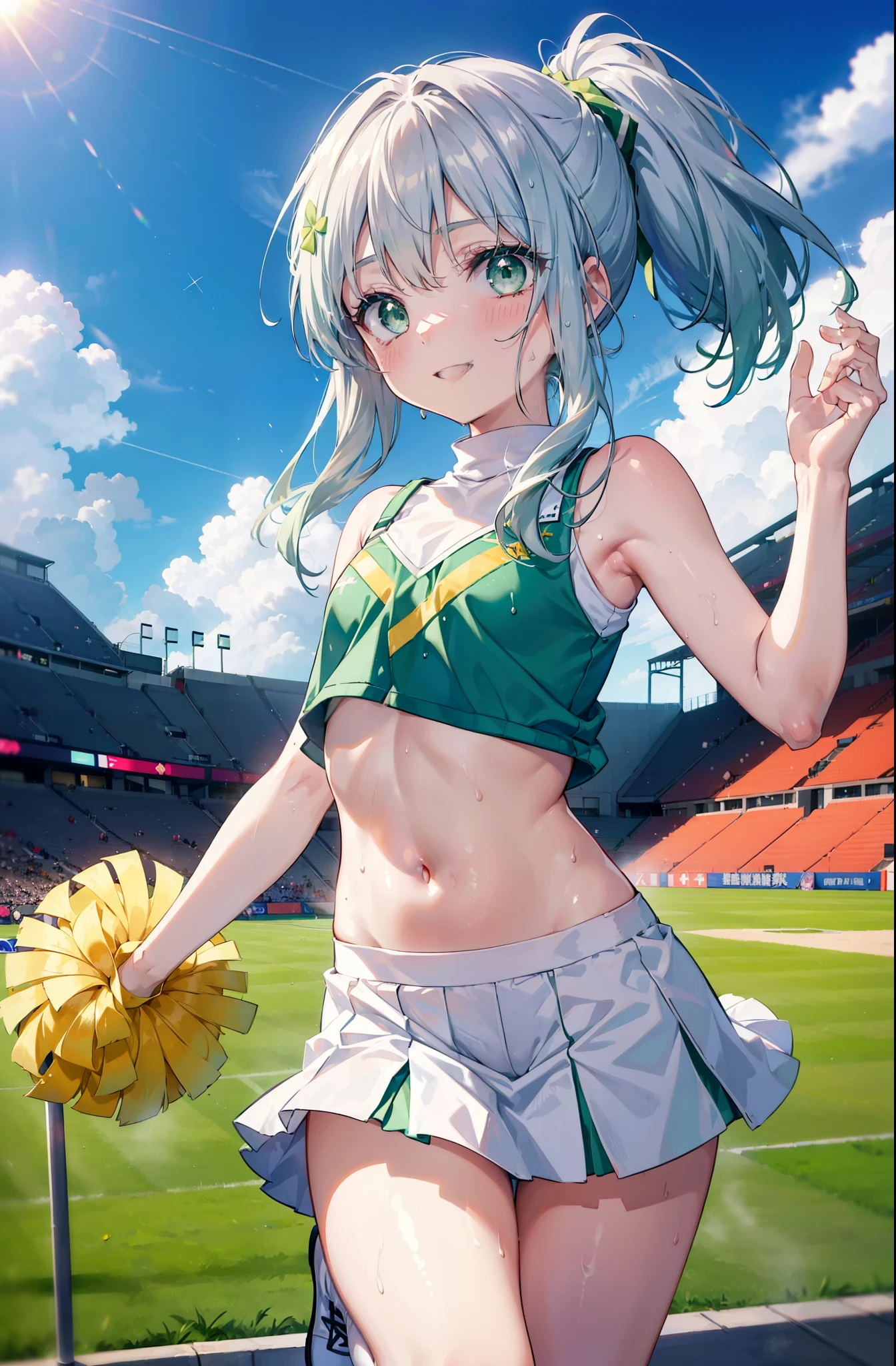 index, index, (green eyes:1.5), silver hair, long hair, (flat chest:1.2),smile,blush,open your mouth,ponytail,(Cheerleader), (whole body), lower, (sweaty), sweaty Wet Clothes, (white clothes), , Belly button support, playground, (jump), (jump), 足を曲げてjumpする, air, blue sky, Grass原, smile,Cheerleader, pom pom \(Cheerleader\), Grass, smile,
break looking at viewer, Upper body, whole body,
break indoors, stadium,
break (masterpiece:1.2), highest quality, High resolution, unity 8k wallpaper, (shape:0.8), (fine and beautiful eyes:1.6), highly detailed face, perfect lighting, Very detailed CG, (perfect hands, perfect anatomy),