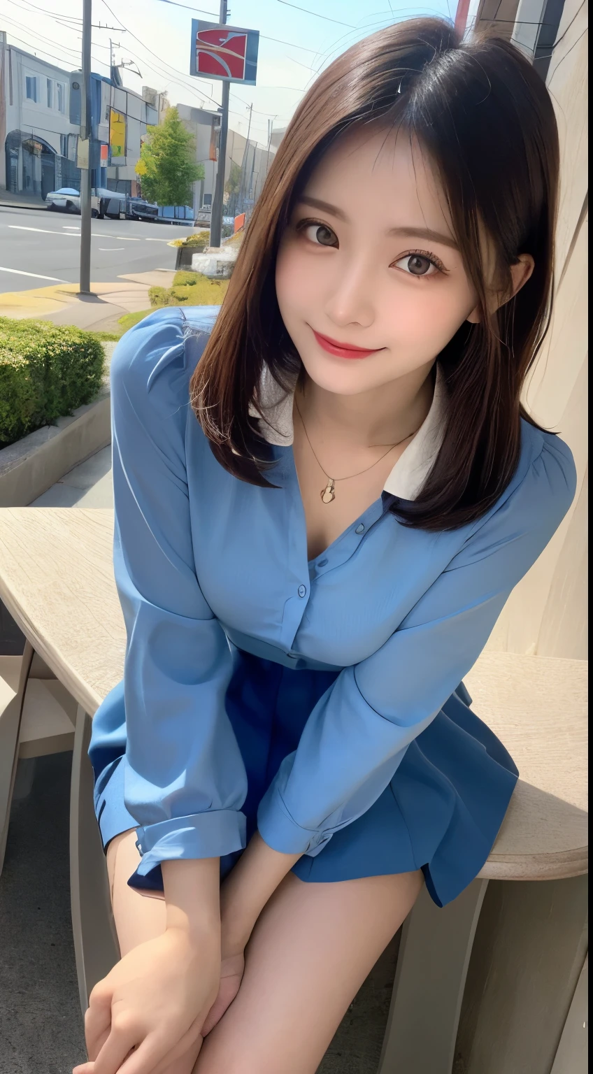 table top, highest quality, shape, Super detailed, finely, High resolution, 8k wallpaper, 完璧なダイナミックな構shape, beautiful and detailed eyes, small breasts, natural color lip, random sexy pose,smile、20 year old girl、midnight、Beautiful and dense face、perfect and beautiful face,Big eyes、real photos（best image quality）,long dress（long sleeve blouse）、flare skirt、Taken from above the knees（from bottom to top）、looking at the camera
