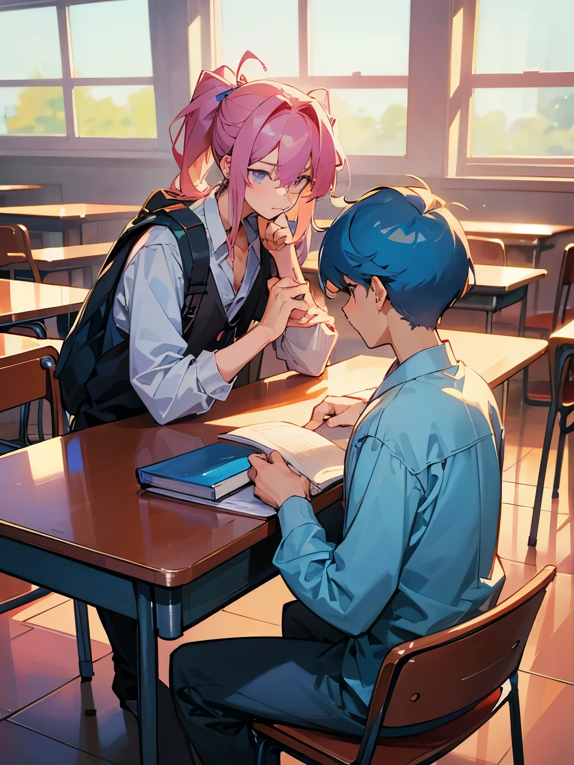 cartoon of two boys sitting at a table with a book and a backpack, ddlc, in the art style of 8 0 s anime, 9 0 s anime style, 90s anime style, in anime style, in an anime style, anime aesthetic, anime vibes, 9 0 s anime aesthetic, 9 0 s anime art style, lofi boy, typical anime classroom, beautiful background window, two cute boys, beautiful faces, two boys, don't extra hands, NO extra hands, generate two boys with NO extra hands, NO extra arm