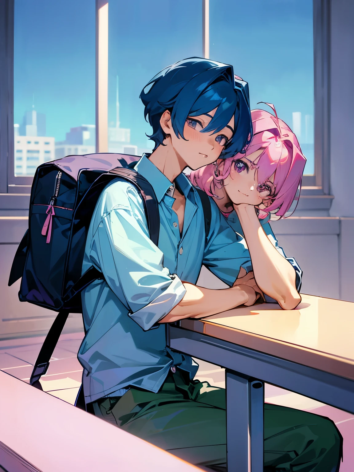 cartoon of two boys sitting at a table with a book and a backpack, ddlc, in the art style of 8 0 s anime, 9 0 s anime style, 90s anime style, in anime style, in an anime style, anime aesthetic, anime vibes, 9 0 s anime aesthetic, 9 0 s anime art style, lofi boy, typical anime classroom, beautiful background window, two cute boys, beautiful faces, two boys, don't extra hands, NO extra hands, generate two boys with NO extra hands, NO extra arm