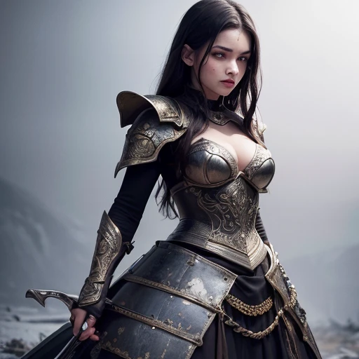 (((full medium shot))), (Masterpiece, photorealistic, photorealism, best quality, ultra-detailed:1.3), (nice hands, perfect hands), official art, cinematic light, (1girl:1.3), adult, beautiful Warrior Snow White with wavy black hair, by Greg Rutkowski, Intricately Designed Handsome dirty bloody face, Realistic beautiful brown eyes, Atrractive 21 years old woman, clad in intricate iron armor, blood-smeared, dark fantasy elements, Standing in the middle of a bloody battle on the battlefield, in a fighting pose, bloody carnage, full body, holding a sword, Intricately Designed iron armor, Beautifful Warrior Snow White with wavy black hair, realistic dirty and bloody face, realistic beautiful brown eyes, defiant and seductive, covered in dirt and blood, aesthetics dark fantasy