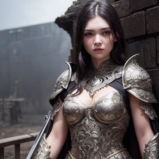 (((full medium shot))), (Masterpiece, photorealistic, photorealism, best quality, ultra-detailed:1.3), (nice hands, perfect hands), official art, cinematic light, (1girl:1.3), adult, beautiful Warrior Snow White with wavy black hair, by Greg Rutkowski, Intricately Designed Handsome dirty bloody face, Realistic beautiful brown eyes, Atrractive 21 years old woman, clad in intricate iron armor, blood-smeared, dark fantasy elements, Standing in the middle of a bloody battle on the battlefield, in a fighting pose, bloody carnage, full body, holding a sword, Intricately Designed iron armor, Beautifful Warrior Snow White with wavy black hair, realistic dirty and bloody face, realistic beautiful brown eyes, defiant and seductive, covered in dirt and blood, aesthetics dark fantasy