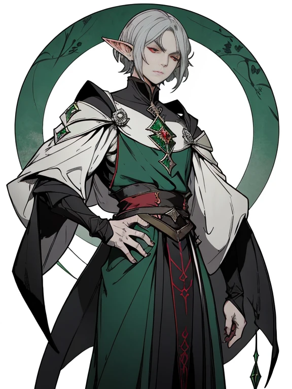 Only one Elf male、gray hair、Shoulder-length bob hair、The villain looking down、deep red eyes、Dressed in emerald-colored clothing resembling that of a medieval aristocrat。simple background