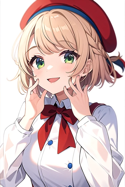 (masterpiece, best quality:1.2), 1girl, solo, shigure ui, portrait, beret, white outfit, red jacket, smiling, short hair, five finger, upper body view