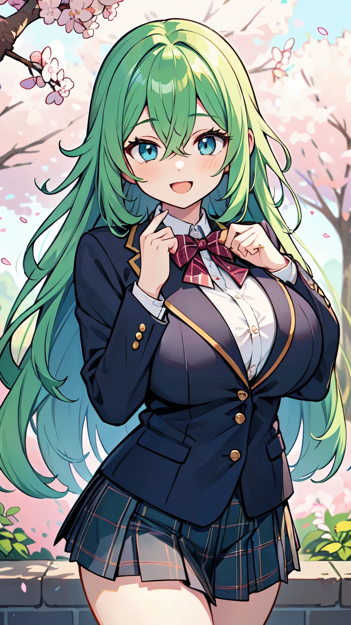 ((A Pretty High School girl with green hair and blue eyes)), ((wearing blazer uniform and plaid skirt)), Baby face, ((master piece, top-quality, ultra-definition, high resolution)), anime girl, ((ultra-detailed illust:1.2)), only one person, bangs, hair between eye, beautiful hair, Shiny eyes, Medium breasts, Big smile, opened mouth, cherry trees, schoolyard, (leaning forward)