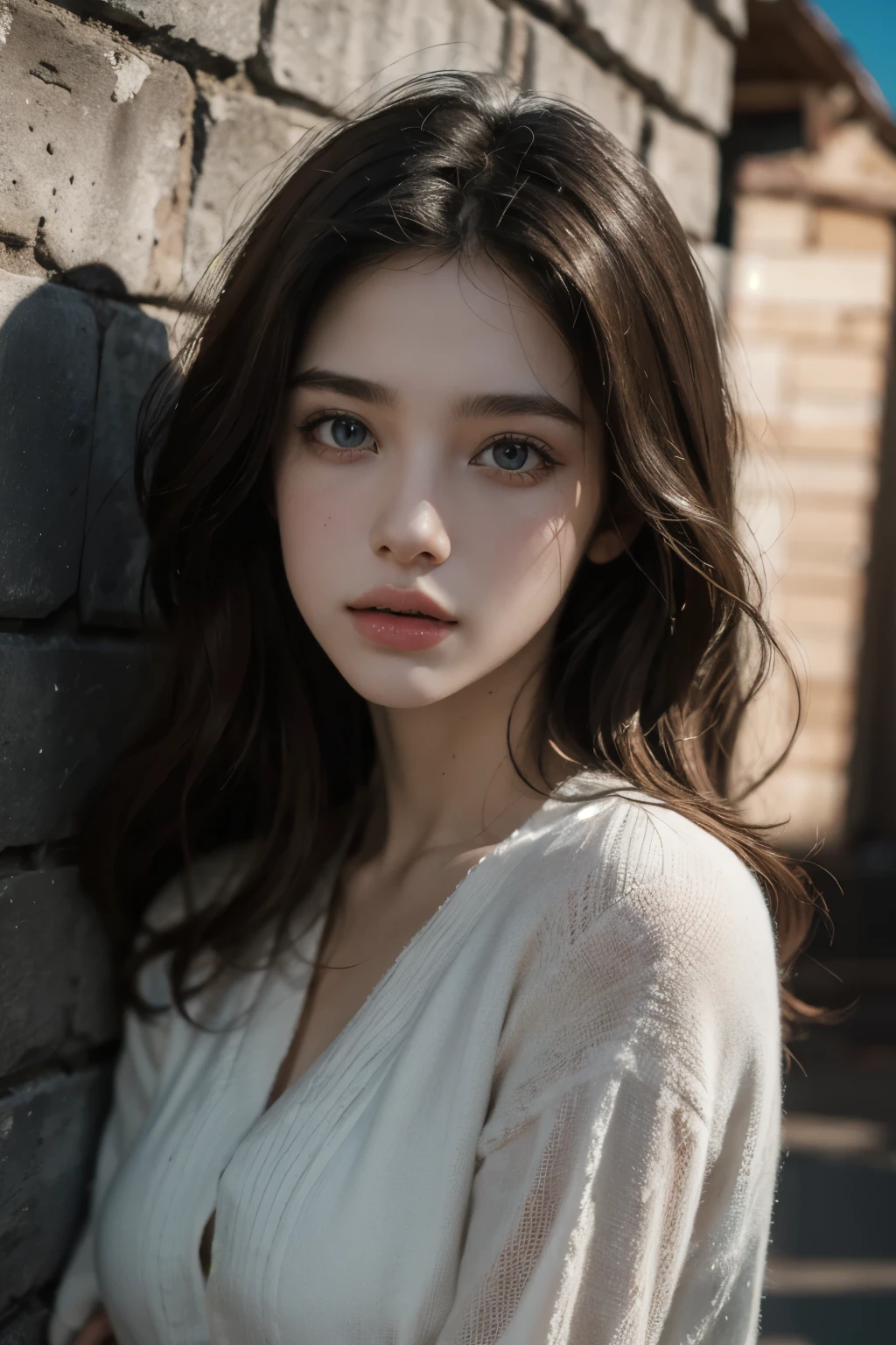 styled: Pure+ultra-realistic realism, Fair skin texture, Bright eyes, lightand shade contrast, high textured, ultra HD picture quality, High nose, dynamic angle, Light tracing, Realism, offcial art, Unity 8k wallpaper, Ultra detailed paintings, A masterpiece of beauty, best qualityer,Harmony Ingredients Glows skin, movie level lighting, Side Body，standing against the wall，shift dresses