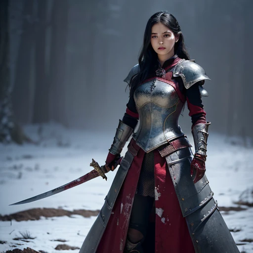 (((full medium shot))), (Masterpiece, photorealistic, photorealism, best quality, ultra-detailed:1.3), (nice hands, perfect hands), official art, cinematic light, (1girl:1.3), adult, beautiful Warrior Snow White with wavy black hair, by Greg Rutkowski, Intricately Designed Handsome dirty bloody face, Realistic beautiful brown eyes, Atrractive 21 years old woman, clad in intricate iron armor, blood-smeared, dark fantasy elements, Standing in the middle of a bloody battle on the battlefield, in a fighting pose, bloody carnage, full body, holding a sword, Intricately Designed iron armor, Beautifful Warrior Snow White with wavy black hair, realistic dirty and bloody face, realistic beautiful brown eyes, defiant and seductive, covered in dirt and blood, aesthetics dark fantasy