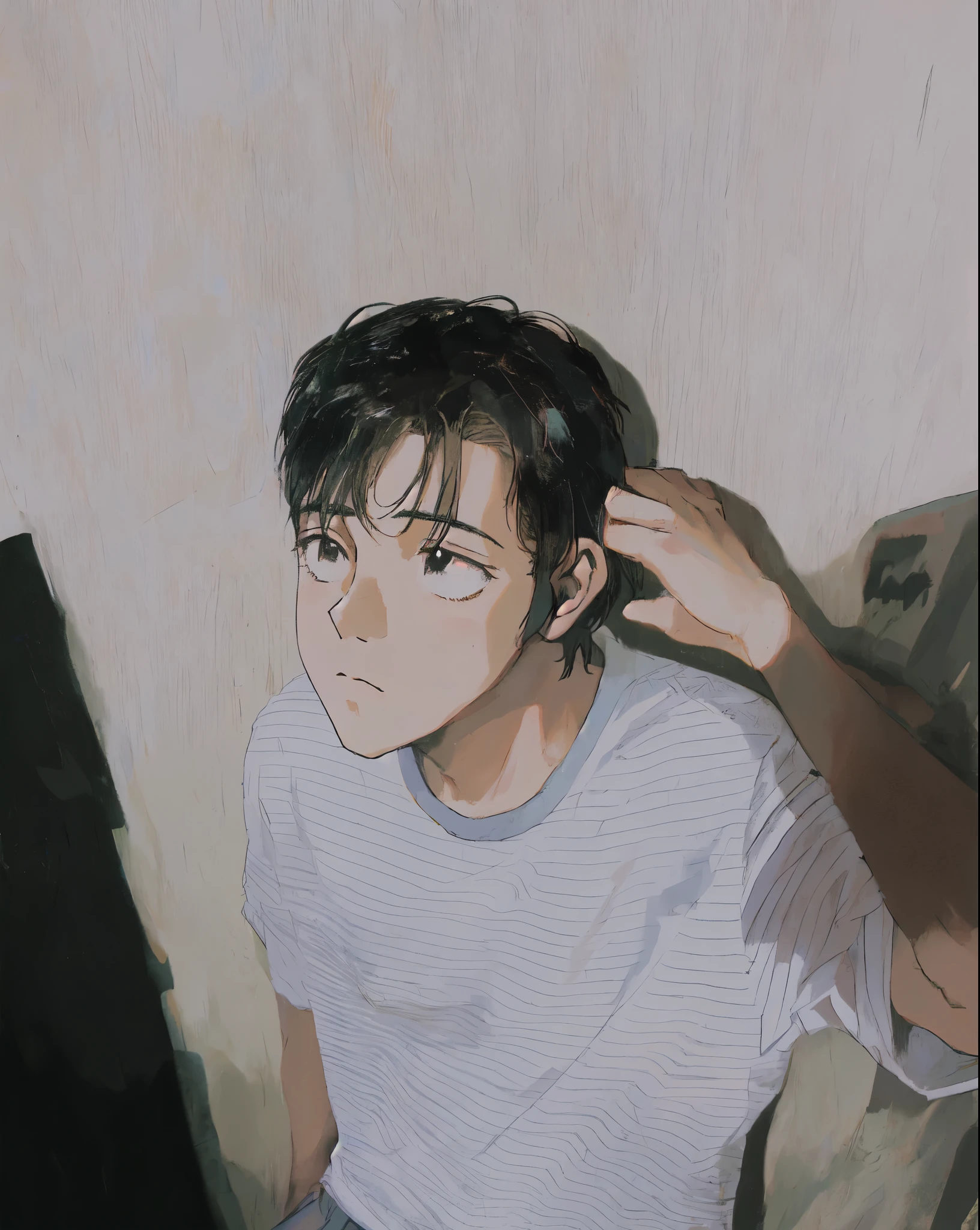 muted pastel colors, retro anime, 1990s anime, 1980s anime, brush strokes, masterpiece, best quality, 1boy, solo, black eyes, white shirt, closed mouth, medium hair, simple background