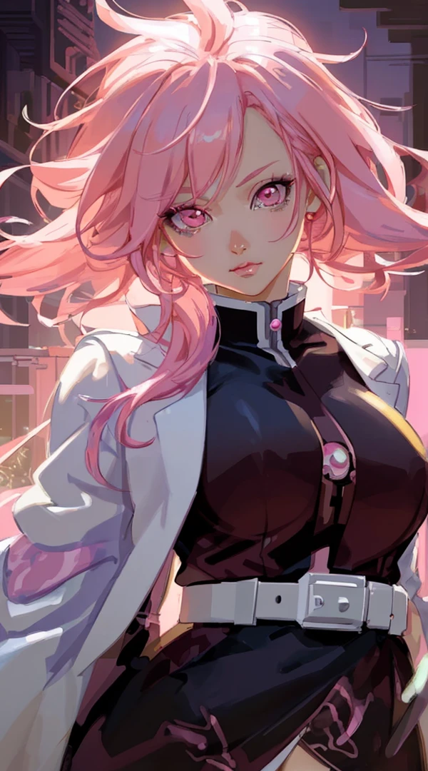 ((masterpiece))) whole body, whole body Shot (One Girl) ((Pink Hair, Long Hair, Straight hair, Both sides up))), ((Green Eyes))), eye shadow, eyeliner, Glow Eye, Hyper Detail Eye, Complex eyes, Beautiful Eyes, Detailed eyes, (((Star-shaped pupils, Shining pink eyes))) 18-year-old girl. (Wearing a transparent PVC jacket)) huge cool weapon mechanical in hand, huge cool weapon mechanical, Mecha, Mechaanism, mechanical, Open Stance, Coalesce