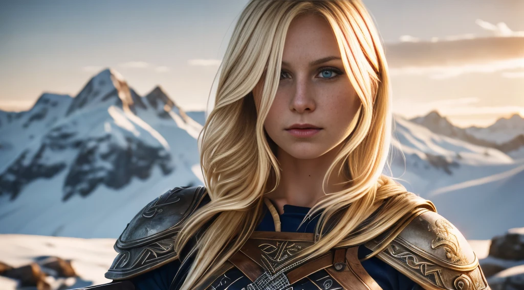 The image depicts a 25-year-old woman dressed as a Viking warrior. She is standing on a rock, with a mountainous countryside in the background, under a cloudy, gloomy sky. The warrior has long, wavy blonde hair tied in a side braid. Her blue eyes are piercing and she has a serene, confident expression.
She is wearing metal mesh armor that covers her torso and arms, indicating her preparation for combat. A leather belt with buckles and metal details wraps around her waist. In her right hand, she holds a straight-bladed long sword, ready for use. Her left arm holds a large round shield with a distinctive design, with a metal edge and a wooden surface painted green and blue.
The warrior has a firm, confident stance, suggesting skill and courage in battle. The image conveys a sense of strength, determination and a connection to Viking culture and history.