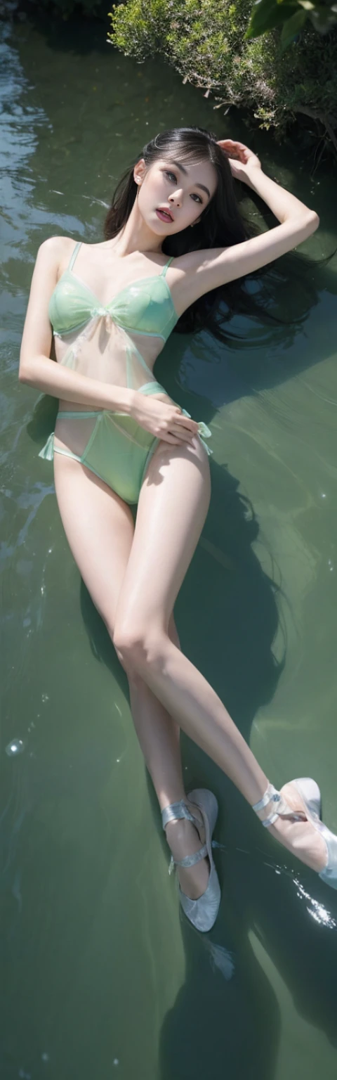 fashion model 18 years old [[[[Close-up cleavage]]]], [[[[]]]], [[[[rape]]]], [[[[Shoulder]]]], perfect eyes, perfect iris，perfect lips，perfect teeth，Perfect skin，Has fair skin，long face，slender nose，girl，((Chinese ballet dancer))，((Light green transparent underwear)),（Keep your feet apart，standing posture:1.4），(lying on the water:1.4)，raise your arms，Place your hands behind your head，Keep your eyes on the camera，Body facing camera，A delicate face，Raised sexy，Slim，breast enlargement，hip fat，Show leg length，（full-body shot），(moonlight:1.2),,night，green background，4k ultra high definition, ultra high resolution, (lifelike: 1.4), best quality，masterpiece，（pastel colors:1.2）,（soft natural light:1.2)，top view