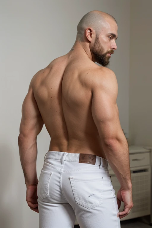 muscular manly man bald with beard, 25 years old, full body, with his back turned, naked white jeans. Backside