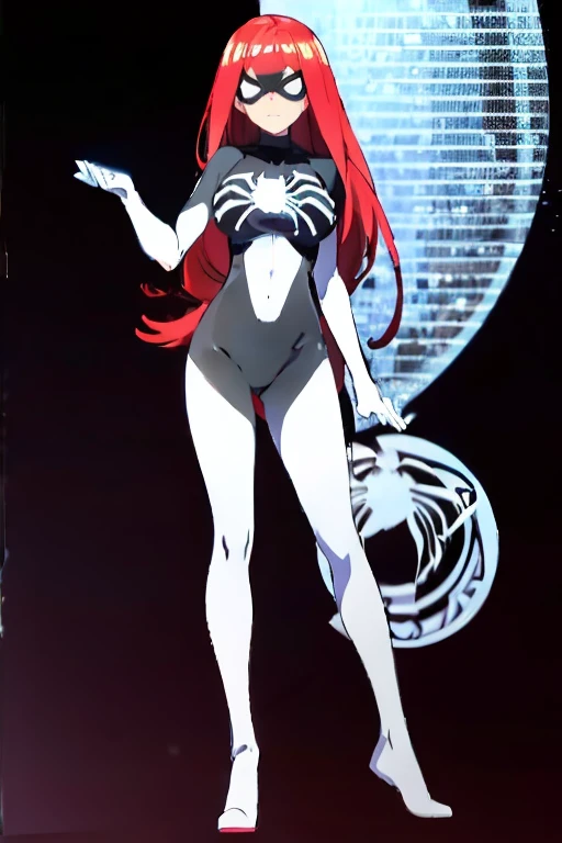 girl, tight bodysuit, black bodysuit, spider woman, ches white spider emblem, long white gloves, long white boots, mask, long hair, ultra detail, best quality, masterpiece, long hair, skinny skin, glossy skin