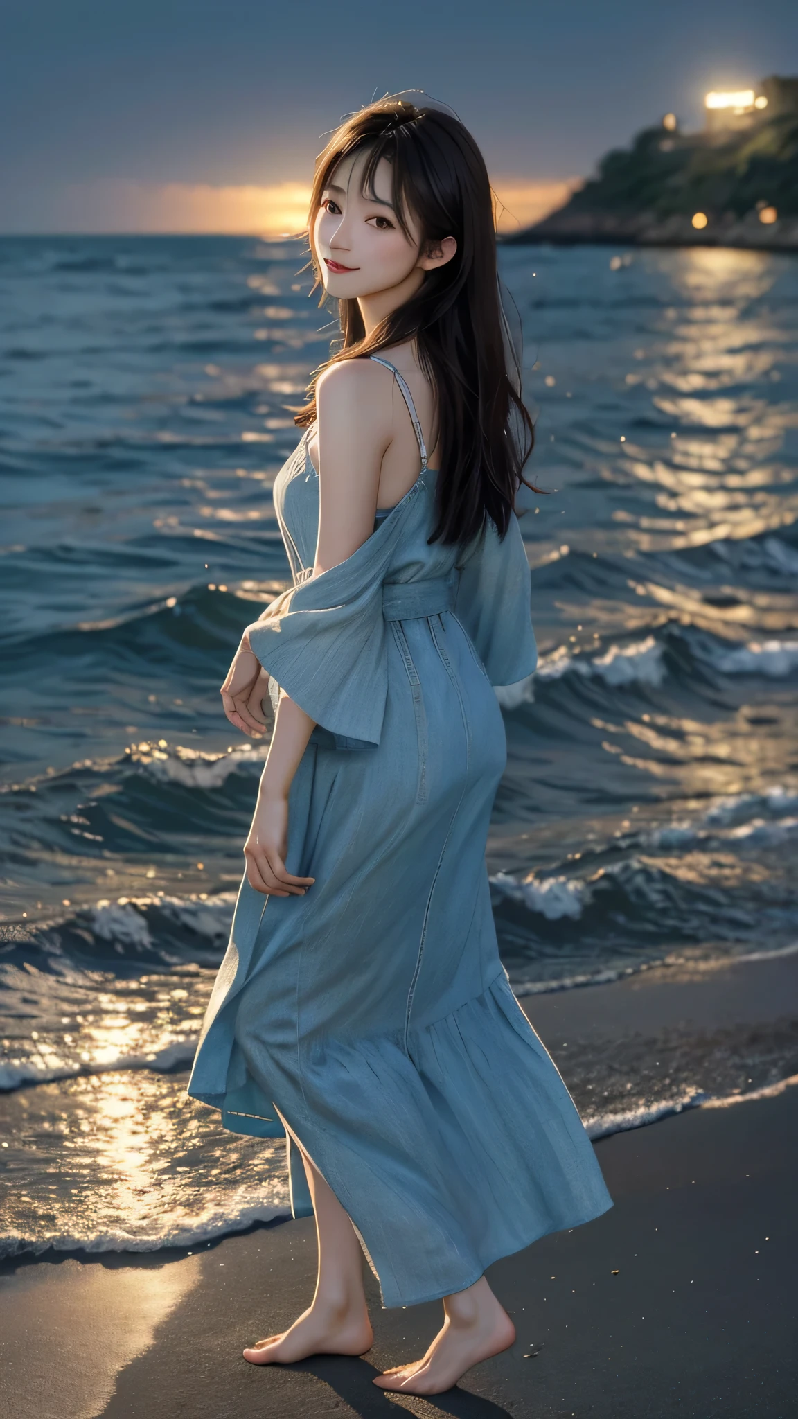 (Close-up:1.4)、(RAW photo:1.2)、(photorealistic:1.4)、(masterpiece:1.3)、(highest quality:1.ung japanese woman、(night scenery:1.2)、thin clothes、Very beautiful lovely most beautiful girl、Put one foot in the sea、standing on tiptoe、pretty girl、Landscape、Between the horizon and the sea、view from the side、Ripples spreading from the toes、Standing about 20 meters away、on the sea、The whole scene shineeteors、illumination、