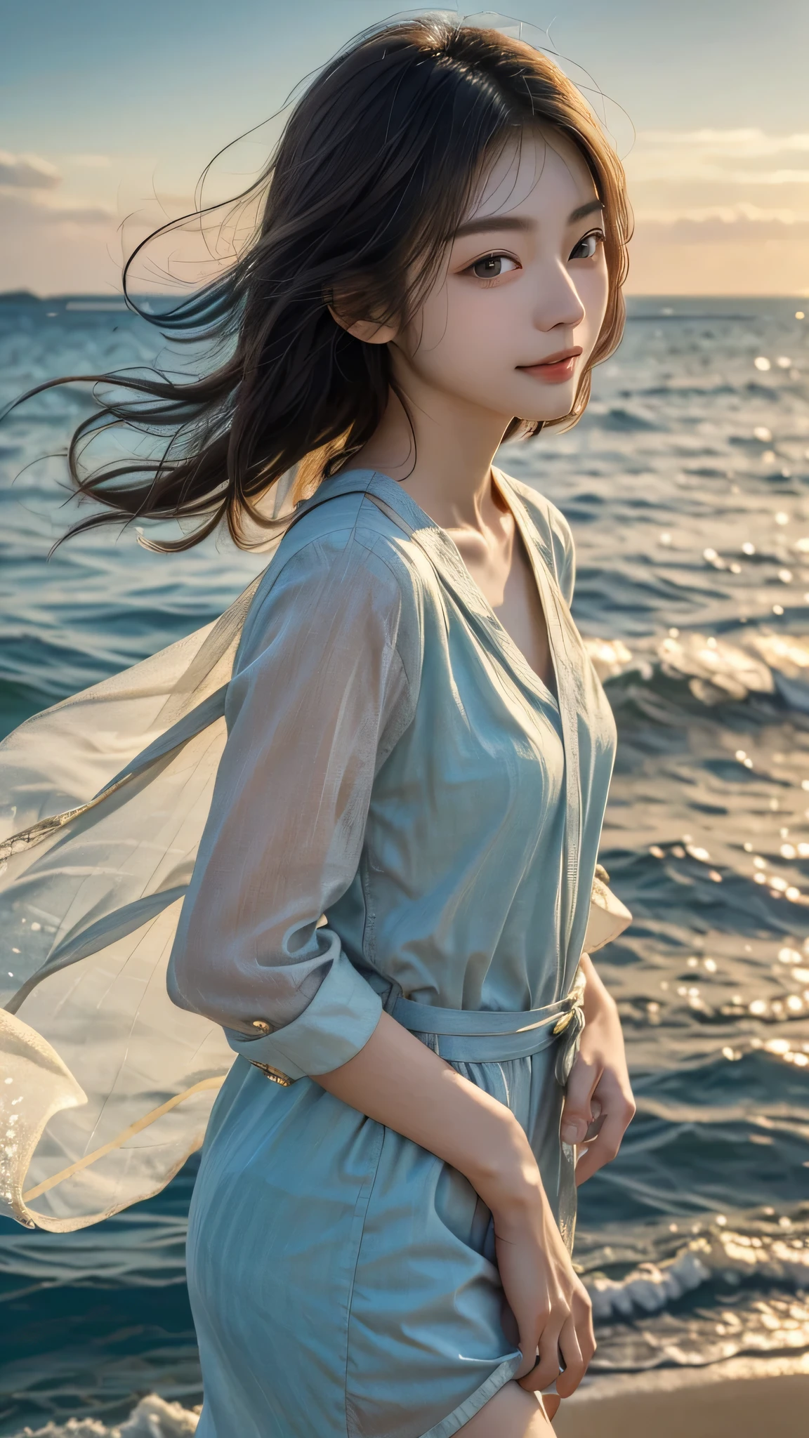 (Close-up:1.4)、(RAW photo:1.2)、(photorealistic:1.4)、(masterpiece:1.3)、(highest quality:1.4)、young japanese woman、(night scenery:1.2)、thin clothes、Very beautiful lovely most beautiful girl、Put one foot in the sea、standing on tiptoe、pretty girl、Landscape、Between the horizon and the sea、view from the side、Ripples spreading from the toes、Standing about 20 meters away、on the sea、The whole scene shineeteors、illumination、