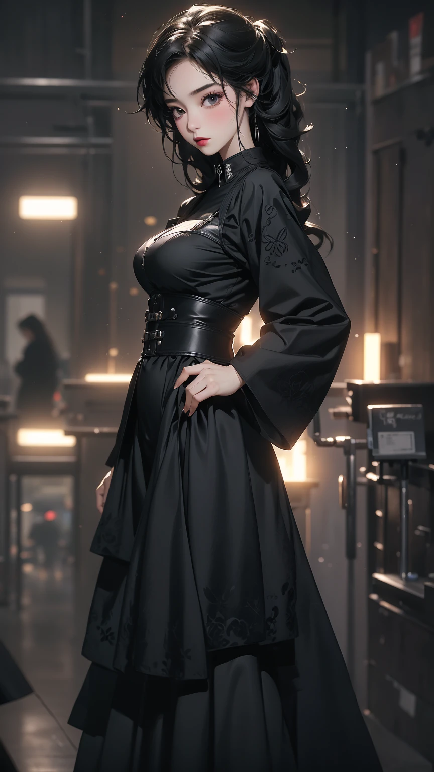 ((Highly detailed CG unit 8k wallpaper, masterpiece, High resolution, highest quality, highest qualityのリアルテクスチャスキン)), (Head to shin composition:1.5, Fashion pose with hands in pockets:1.5, A cool NY fashion girl influenced by nostalgic and inorganic mode fashion., detailed costume:1.4, Coordination of black layered maxi skirt and color block top:1.3, gorgeous punk hairstyle:1.2, avant-garde makeup, Nana Komatsu), (blurred background, Vintage-inspired interior, No people), hyper realistic, digital painting, concept art,