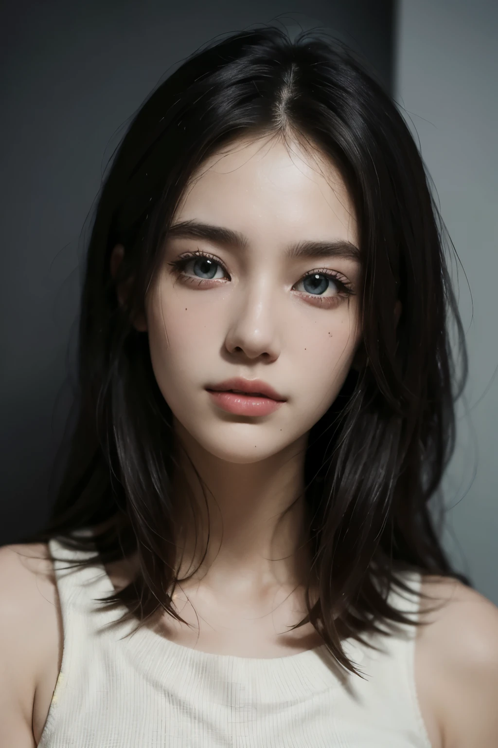 styled: Pure+ultra-realistic realism, Fair skin texture, Bright eyes, lightand shade contrast, high textured, ultra HD picture quality, High nose, dynamic angle, Light tracing, Realism, offcial art, Unity 8k wallpaper, Ultra detailed paintings, A masterpiece of beauty, best qualityer,Harmony Ingredients Glows skin, movie level lighting, Side Body,standing against the wall,shift dresses
