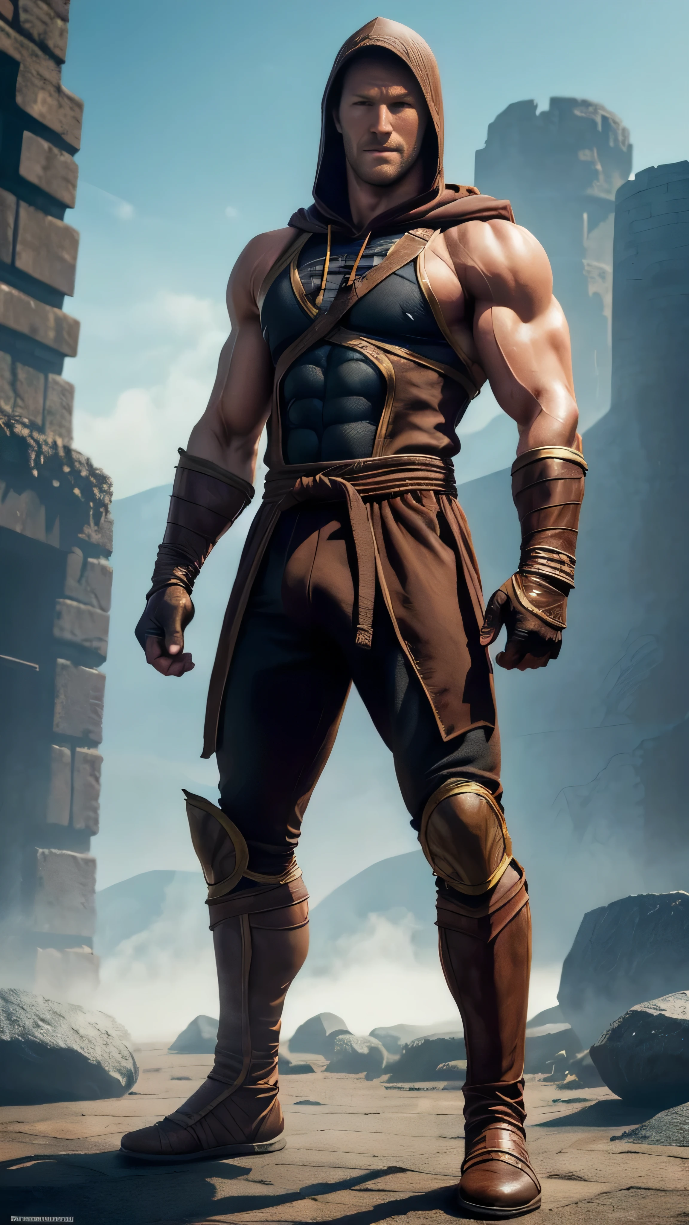 ((Tom Hopper)) as Tremor from Mortal Kombat, ninja warrior, ((stone arms)), ((stone gloves)), shaved head, ((brown ninja costume)) with black parts, ((hood)), straps around wrists and forearms, 1man, solo, full body view, intricate, high detail, sharp focus, dramatic, photorealistic painting art by greg rutkowski