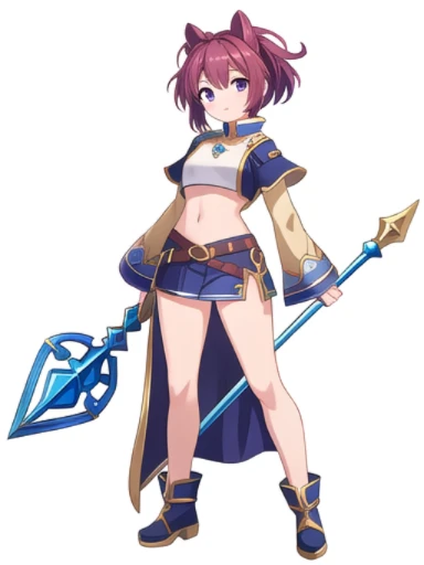 solo, female, crop top, ((( white background))), character focus, fantasy outfit, standing, character design, full body, holding staff,