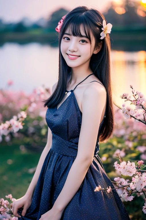 (32k,super highest quality,masterpiece,ultra high resolution,realistic,realistic),〜20-year-old,one piece,long dress,Sukesuke dress,straight long hair,beautiful skin,beautiful body,full body photo,full body angle,A lovely and beautiful young Japanese girl,with young body,baby face,siid,slim waist,field,beautiful water lake background,beautiful limbs,Beautiful and thin legs,chest,black hair,black eye,cute smile,adorable smile,Lots of cherry blossoms in full bloom in the background,A lot of colorful flowers in the background,in the dark,deep shadow,Full moon in the background,A lot of starry sky in the background,Cherry blossoms illuminated at night,Flower garden light up