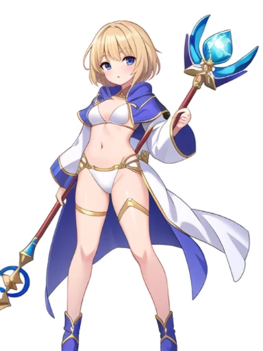 solo, female, crop top, ((( white background))), character focus, fantasy outfit, standing, character design, full body, leotard, holding staff, micro bikini,
