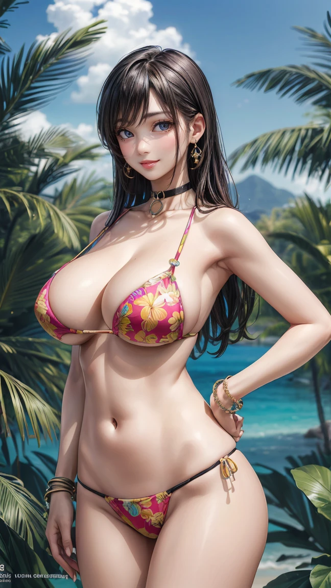 (best quality,4k,8k,highres,masterpiece:1.2),ultra-detailed,(realistic,photorealistic,photo-realistic:1.37),perfect slim fit body, slim waist, wide hips, (big breasts, sexy printed micro bikini, choker, bracelets), (tropical beach with elaborate details)