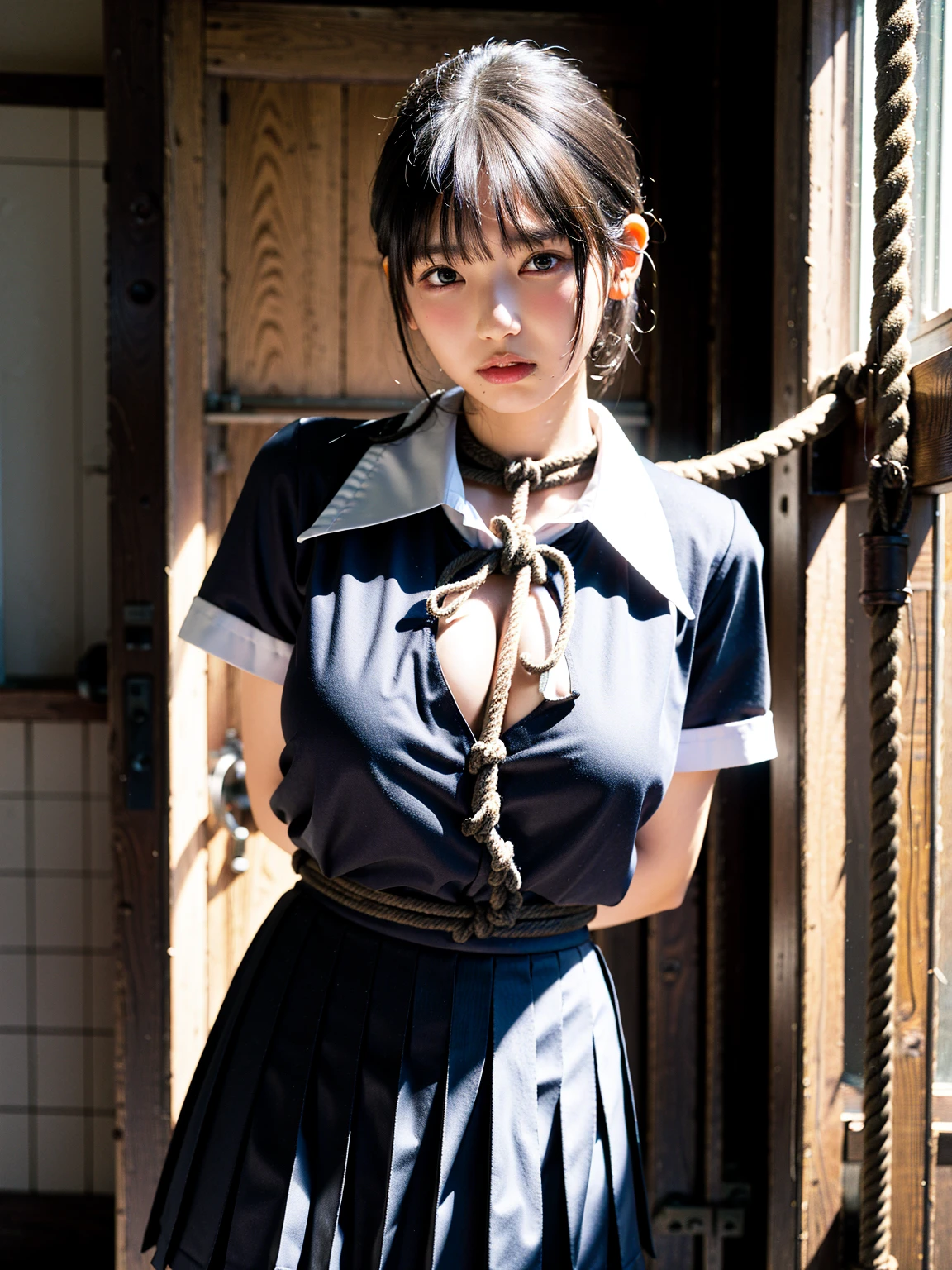 (41k4:1.15), (aika-sawaguchi:0.7), face, masterpiece, Best Quality, 8K, Raw photo, top-notch quality, masterpiece, (BDSM:1.5), (rope bondage:1.4), (tied up with rope:1.3), (wearing school uniform:1.8), (arms behind back:1.2), (cowboy shot:1.4), (open blouse:1.5), solo, (1 pretty Japanese girl), exceptionally detailed RAW color photo, professional-grade photograph, (Realistic, Photorealistic:1.37), (highly detailed skin:1.2), Ultra-high resolution, (lens 50mm), (masterpiece, top-quality:1.3), (hyper realistic:1.35), (Photorealistic:1.45), (Realistic:1.4), (looking at viewer:1.4), (facing viewer:1.4), 1 beautiful girl, 18 years old, Japanese idol, supermodel, pale skin, (slim:1.3), (slim body:1.25), (slender body:1.25), (narrow waist:1.25), pretty face, (large breasts:1.15), (deep cleavage), gravure idol