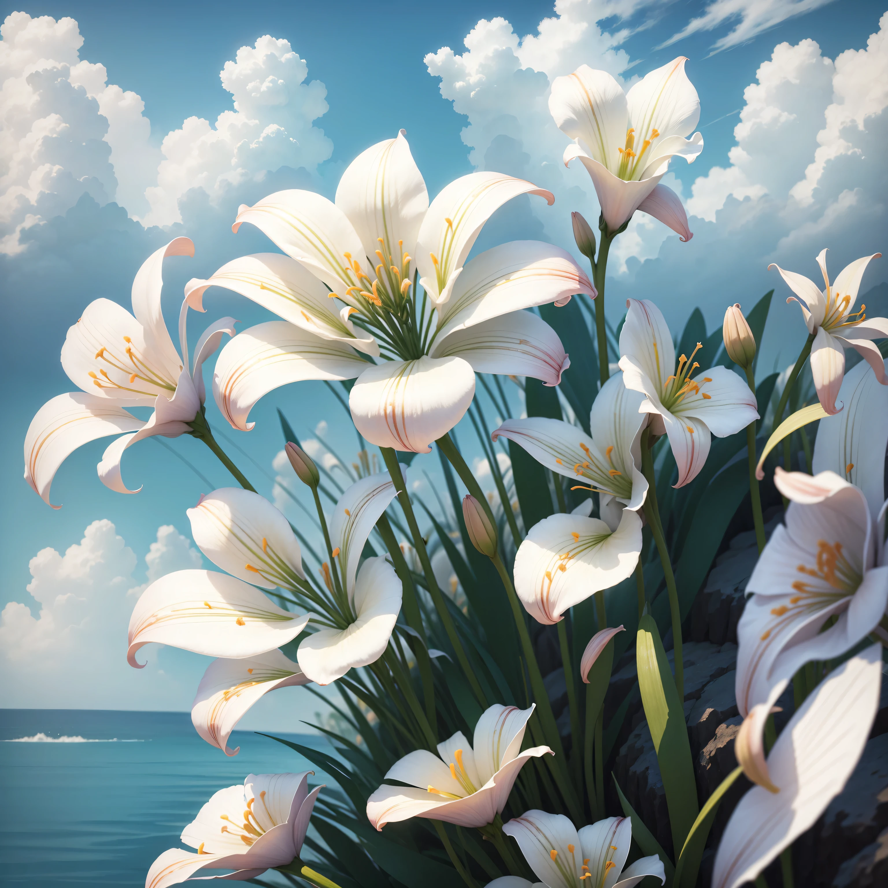 (High resolution: 1.1), best quality, (masterpiece: 1.2), bright colors, number, White Lily, natural beauty, blue sky, close up