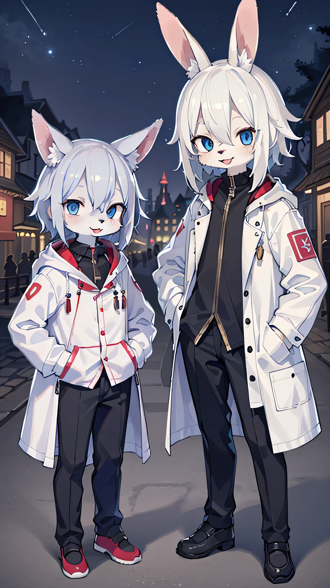 (masterpiece, highest quality), intricate details, 8k, White rabbit ears, one man, slender body shape, anime, short height, white hair, white coat, black pants, furry, in the middle, blue eyes, hands in pockets, smile, daytime town, open your mouth, 10th generation, Shota