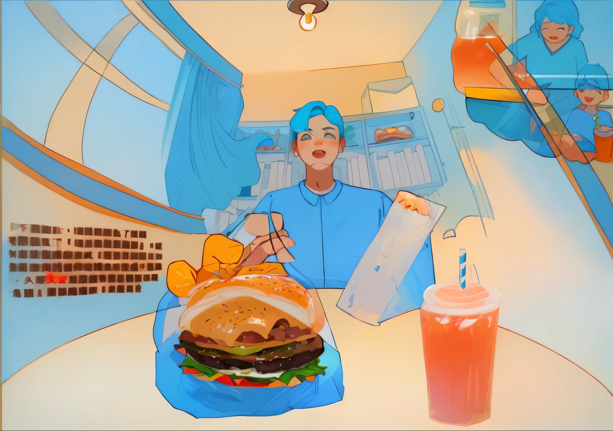 Hamburgers on the table,panini,drinks, blocking his way to breakfast,Little boylothes,Looking up