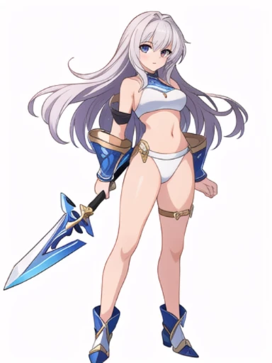 solo, female, crop top, ((( white background))), character focus, fantasy outfit, standing, character design, full body, leotard, holding weapon, micro bikini, armor,
