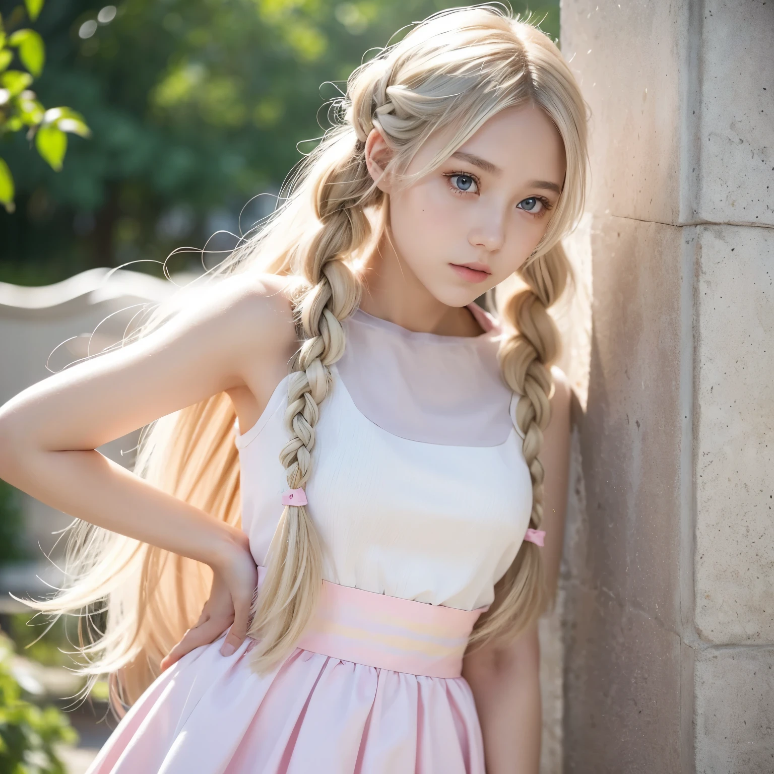 A girl who has long ash blonde hair in two braids. She has pastel pink eyes and is dressed in white.