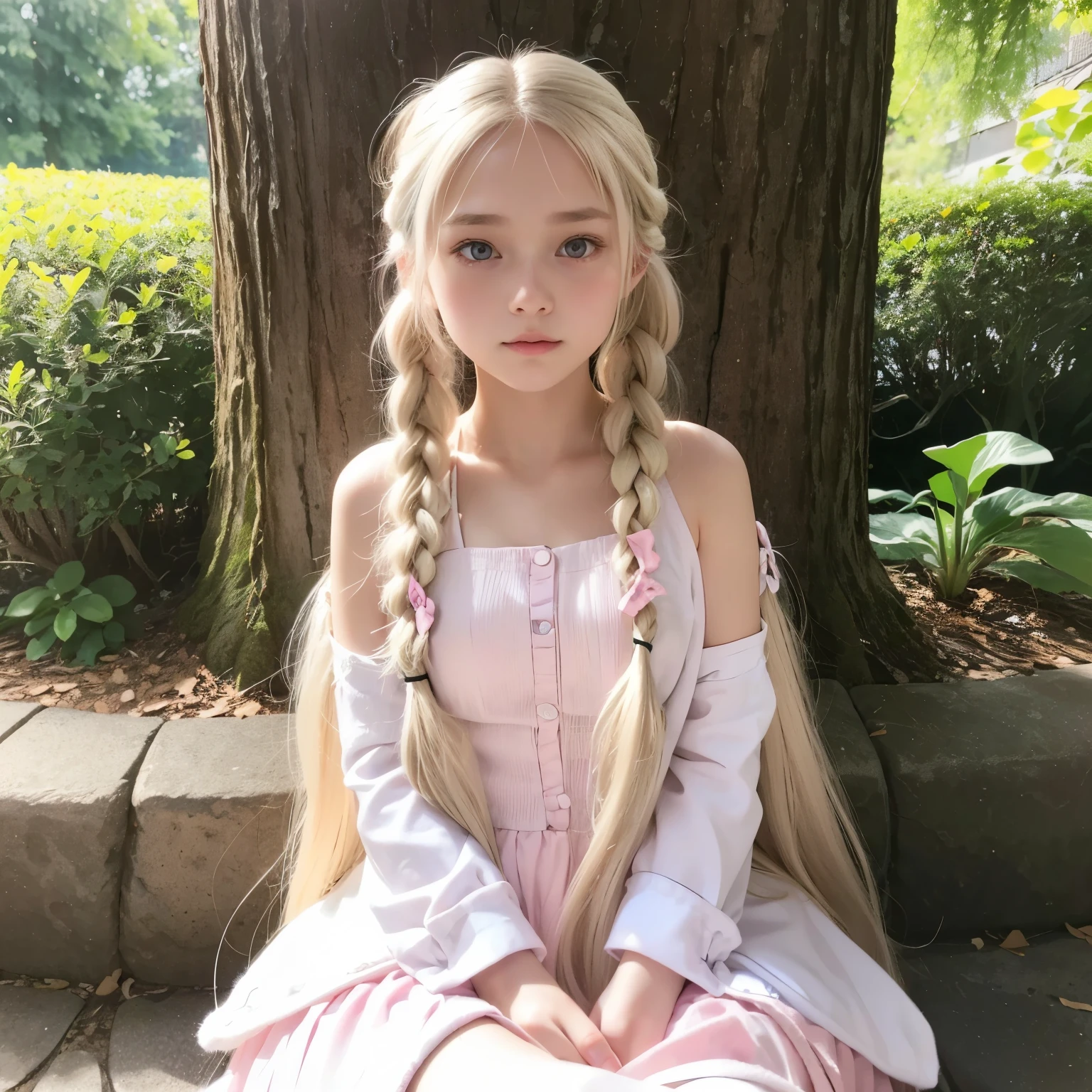A girl who has long ash blonde hair in two braids. She has pastel pink eyes and is dressed in white.