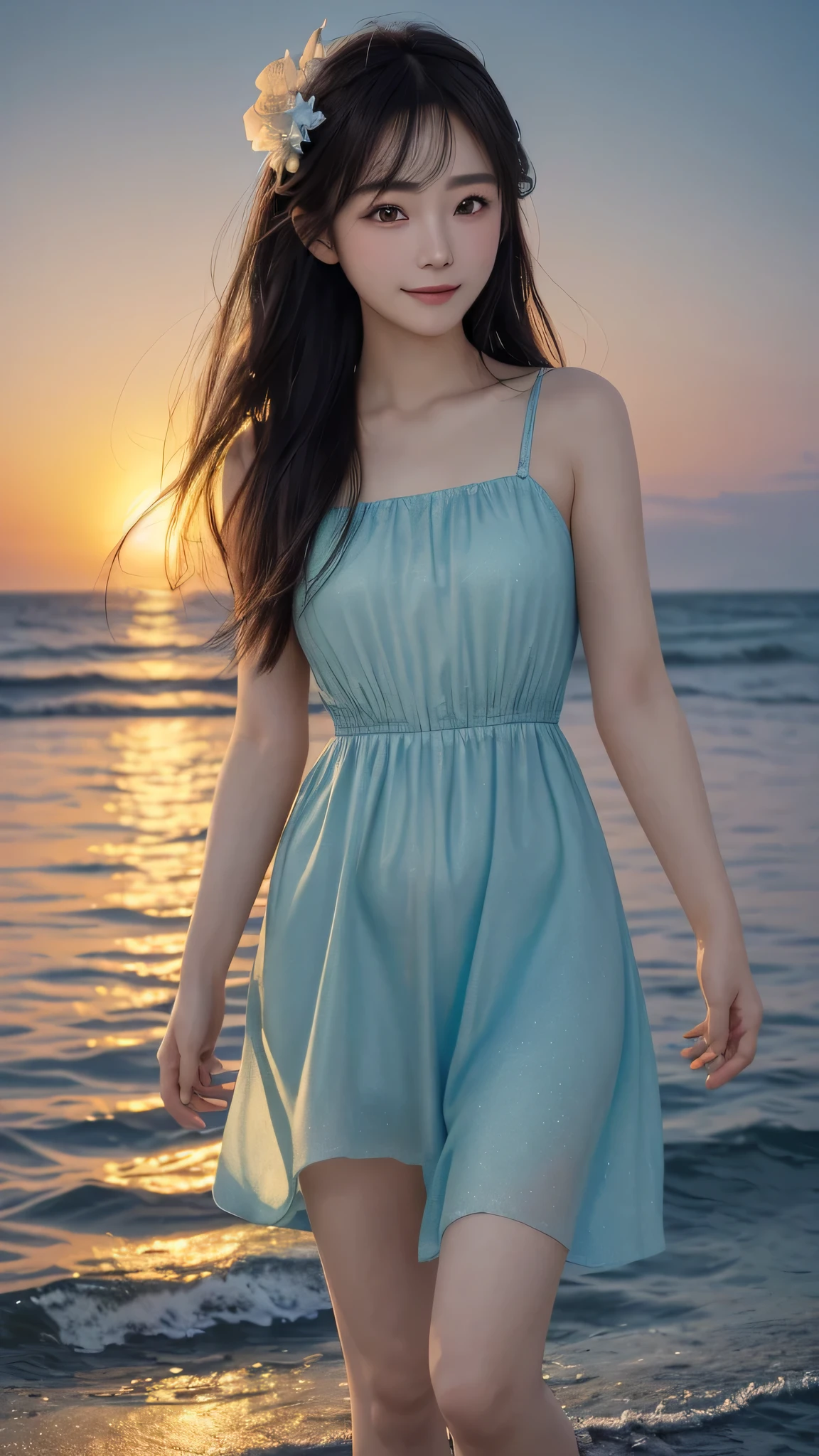Top Quality, Masterpiece, Ultra High Resolution, (Photorealistic: 1.4), Raw Photo, Single Girl, Brown Dark Hair, Yacht Harbor, Dramatic Lighting, Full Body, Sky Blue Cotton Dress, Above Knee, Standing, Face Focus, Light Smile