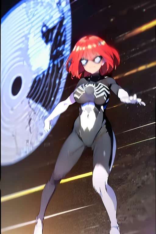 red head short side parted tucked to the side asymmetrical smooth straight bob hair green eye cute gorgeous looking woman wearing black&white viscous liquid symbiote suit, no wrinkles, bodysuit, spider-girl, skin tight, sexy (La mejor calidad detallada:1,6) lado largo y fino con raya metida hacia un lado cabello liso y liso en una cola de caballo peinado mujer traje de spiderman ajustado (with long white latex boots and with long white latex gloves) with spider emblem and completely masked, Stable Diffusion,_model_femenino