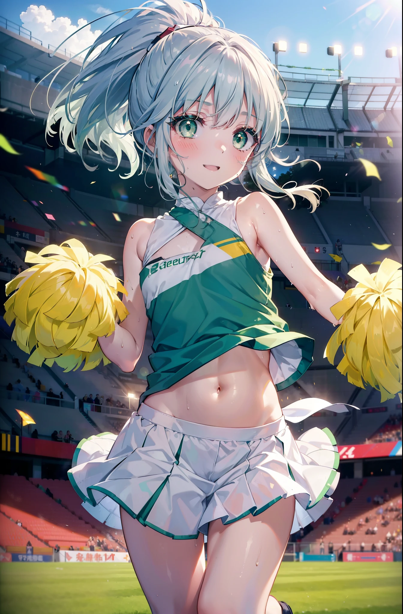 index, index, (green eyes:1.5), silver hair, long hair, (flat chest:1.2),smile,blush,open your mouth,ponytail,(Cheerleader), (whole body), lower, (sweaty), sweaty Wet Clothes, (white clothes), , Belly button support, playground, (jump), (jump), 足を曲げてjumpする, air, blue sky, Grass原, smile,Cheerleader, pom pom \(Cheerleader\), Grass, smile,
break looking at viewer, Upper body, whole body,
break indoors, stadium,
break (masterpiece:1.2), highest quality, High resolution, unity 8k wallpaper, (shape:0.8), (fine and beautiful eyes:1.6), highly detailed face, perfect lighting, Very detailed CG, (perfect hands, perfect anatomy),