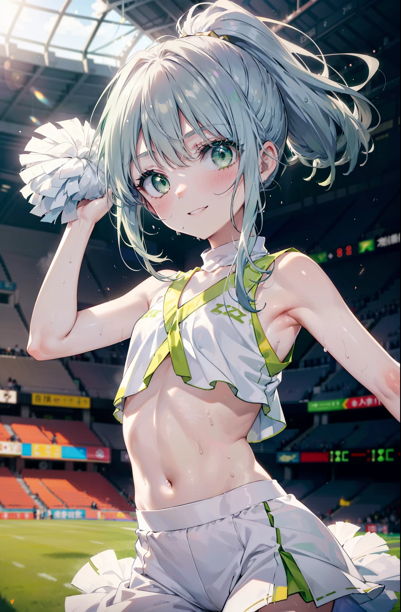 index, index, (green eyes:1.5), silver hair, long hair, (flat chest:1.2),smile,blush,open your mouth,ponytail,(Cheerleader), (whole body), lower, (sweaty), sweaty Wet Clothes, (white clothes), , Belly button support, playground, (jump), (jump), 足を曲げてjumpする, air, blue sky, Grass原, smile,Cheerleader, pom pom \(Cheerleader\), Grass, smile,
break looking at viewer, Upper body, whole body,
break indoors, stadium,
break (masterpiece:1.2), highest quality, High resolution, unity 8k wallpaper, (shape:0.8), (fine and beautiful eyes:1.6), highly detailed face, perfect lighting, Very detailed CG, (perfect hands, perfect anatomy),