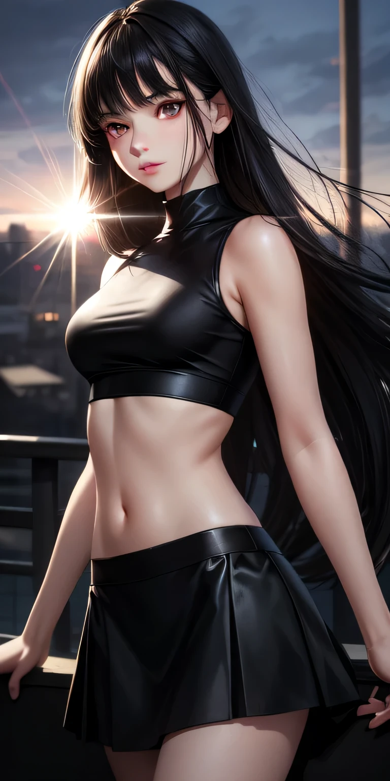 realistic, 1girl, black hair, dark brown eyes, glowing eyes, crop top, black skirt, parted lips, blush, night, sniper, sun, sunlight,