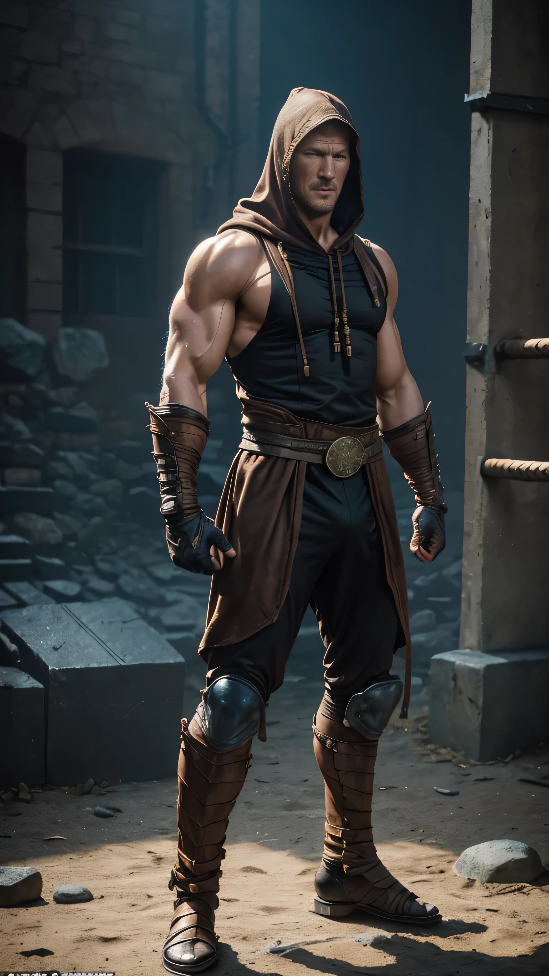 ((Tom Hopper)) as Tremor from Mortal Kombat, ninja warrior, ((stone arms)), ((stone gloves)), shaved head, ((brown ninja costume)) with black parts, ((hood)), straps around wrists and forearms, 1man, solo, full body view, intricate, high detail, sharp focus, dramatic, photorealistic painting art by greg rutkowski