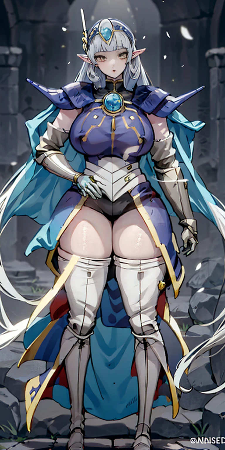 masterpiece, best quality, high quality, 1solo white SKIN elf, long hair, white hair, yellow eyes, full body, breastplate, looking at viewer, shiny, armor, thigh highs, high boots, shoulder armor, faulds, poleyn, gloves, gauntlets